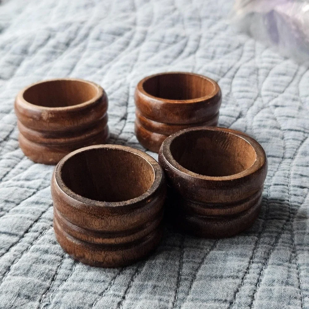 Vintage Wooden Napkin Rings Dark Wood‎ Carved Mid Century Modern Set of 4